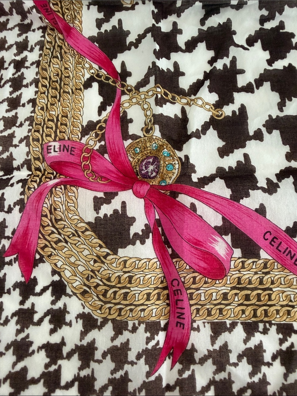 Celine Black & White Houndstooth Silk Scarf with Pink Trim - Picture 4 of 5